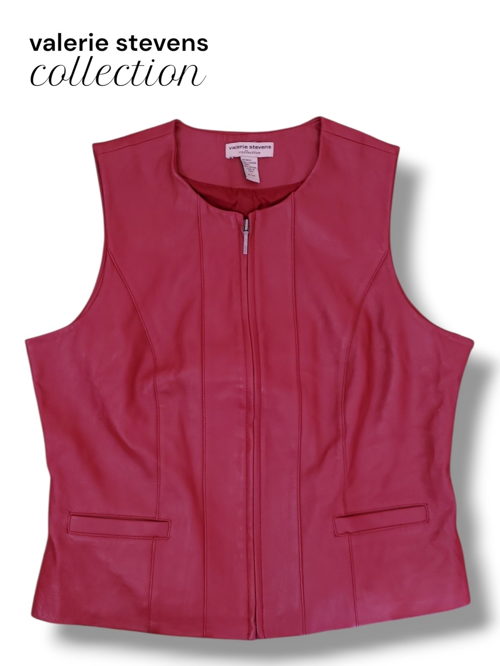 VALERIE STEVENS Red Leather Zip Front Vest Jacket Fully Lined Size Large